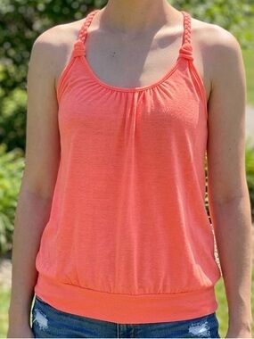 Self Esteem Coral Peach Braid Strap Ring Back Banded Hem Tank Top Large EUC Boho